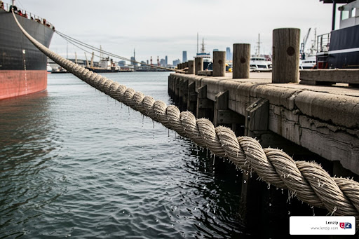 Close-up of a heavy-duty rope tied to a ship near the water, symbolizing strength and durability similar to marine-grade zippers.