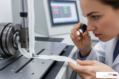 A focused woman examines a zipper under production, holding a magnifying glass close to the interlocking teeth. She inspects the precision of the zipper’s construction, ensuring quality and durability during the manufacturing process.