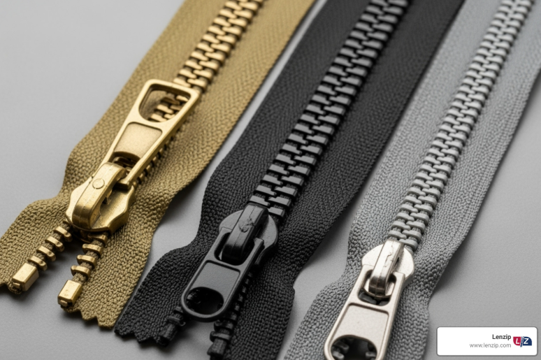 Three heavy-duty zippers are laid out side by side, showcasing their strong teeth, reinforced tape, and durable sliders. The arrangement highlights zipper strength and industrial-grade construction.