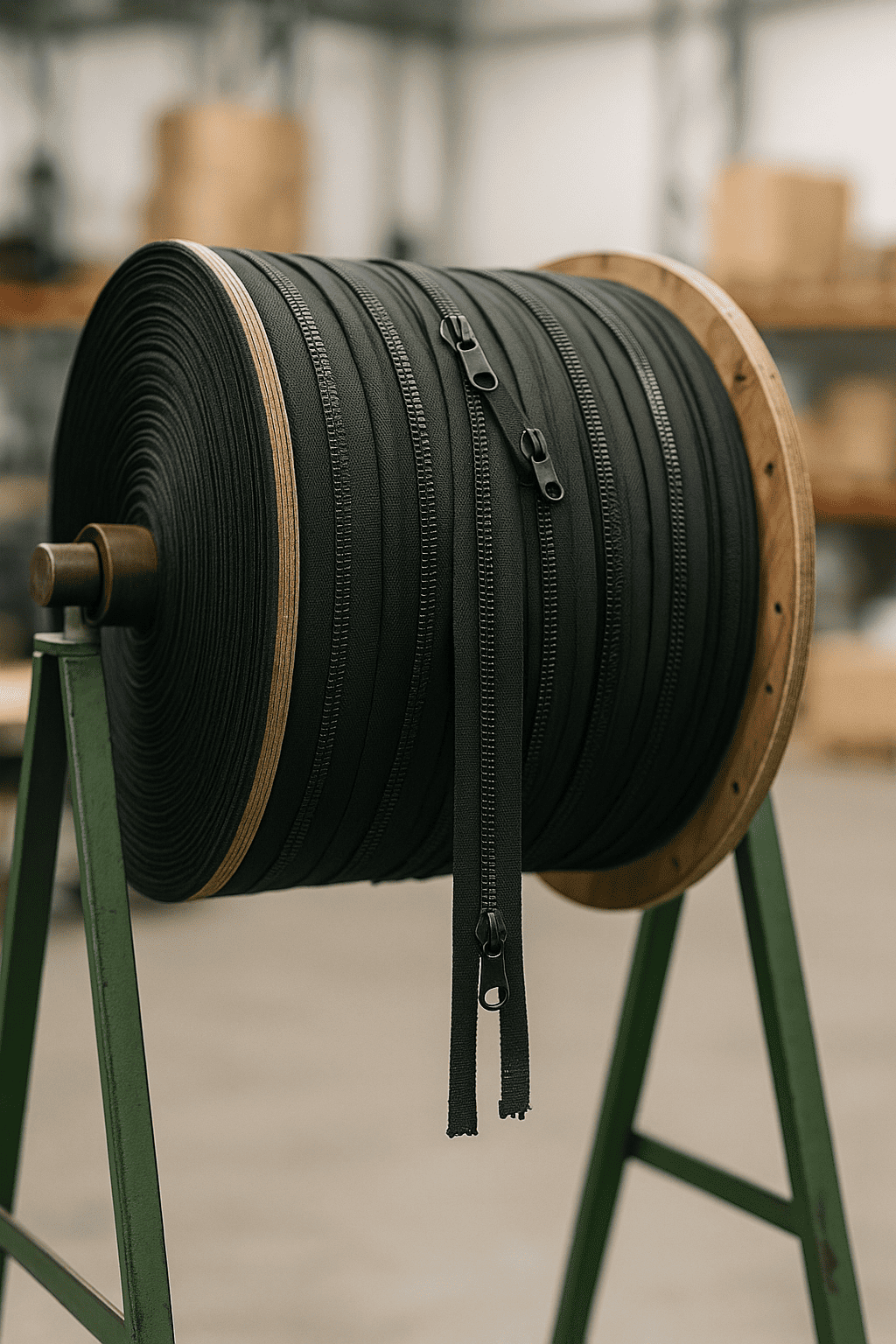 Vertical roll of bulk continuous zipper chain ready for production