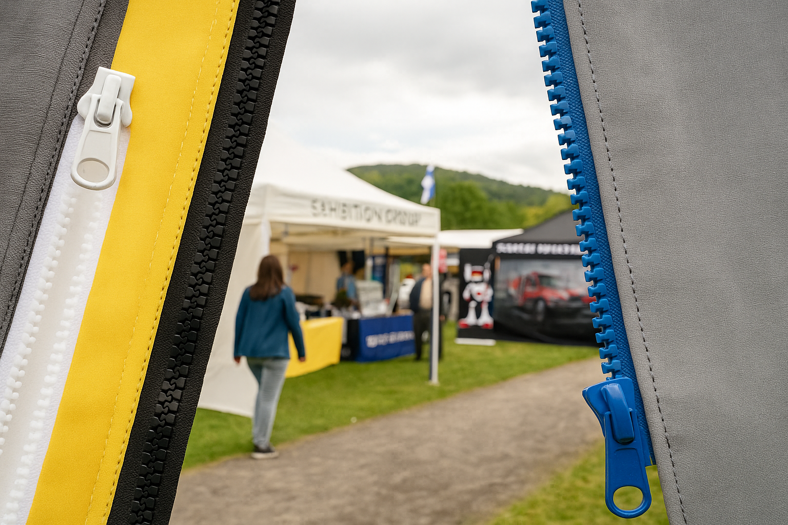 Opened camping tent set up in nature with people and mountains in the background. also other tent booths.