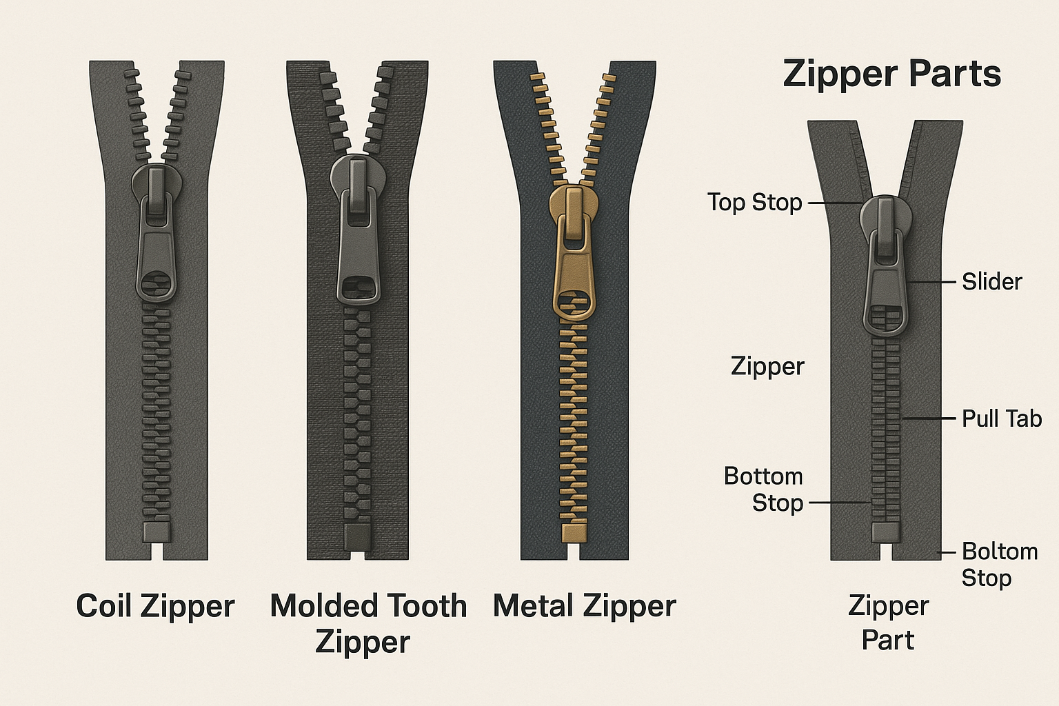 Infographic showing essential zipper parts including coil zipper, molded tooth zipper, and metal zipper, with labeled tape, slider, pull tab, and stops for OEM applications.