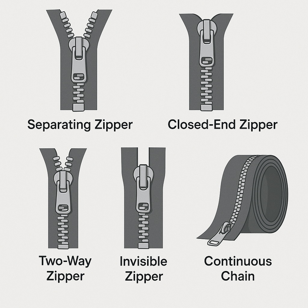 Infographic showing common zipper types including separating zipper, closed-end zipper, two-way zipper, invisible zipper, and continuous chain zipper, labeled for OEM manufacturing applications.