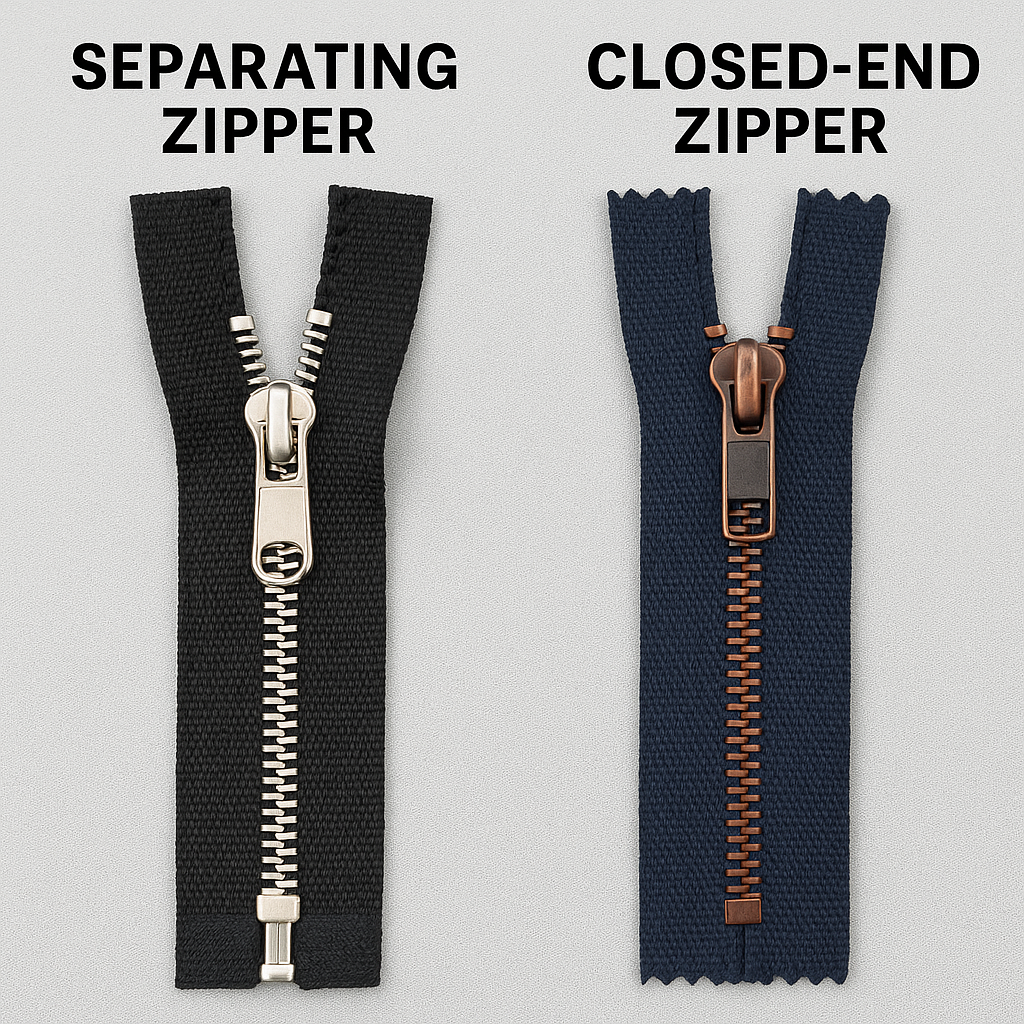 Comparison image of a separating zipper with pin and box versus a closed-end zipper with bottom stop, labeled for OEM and manufacturing applications.