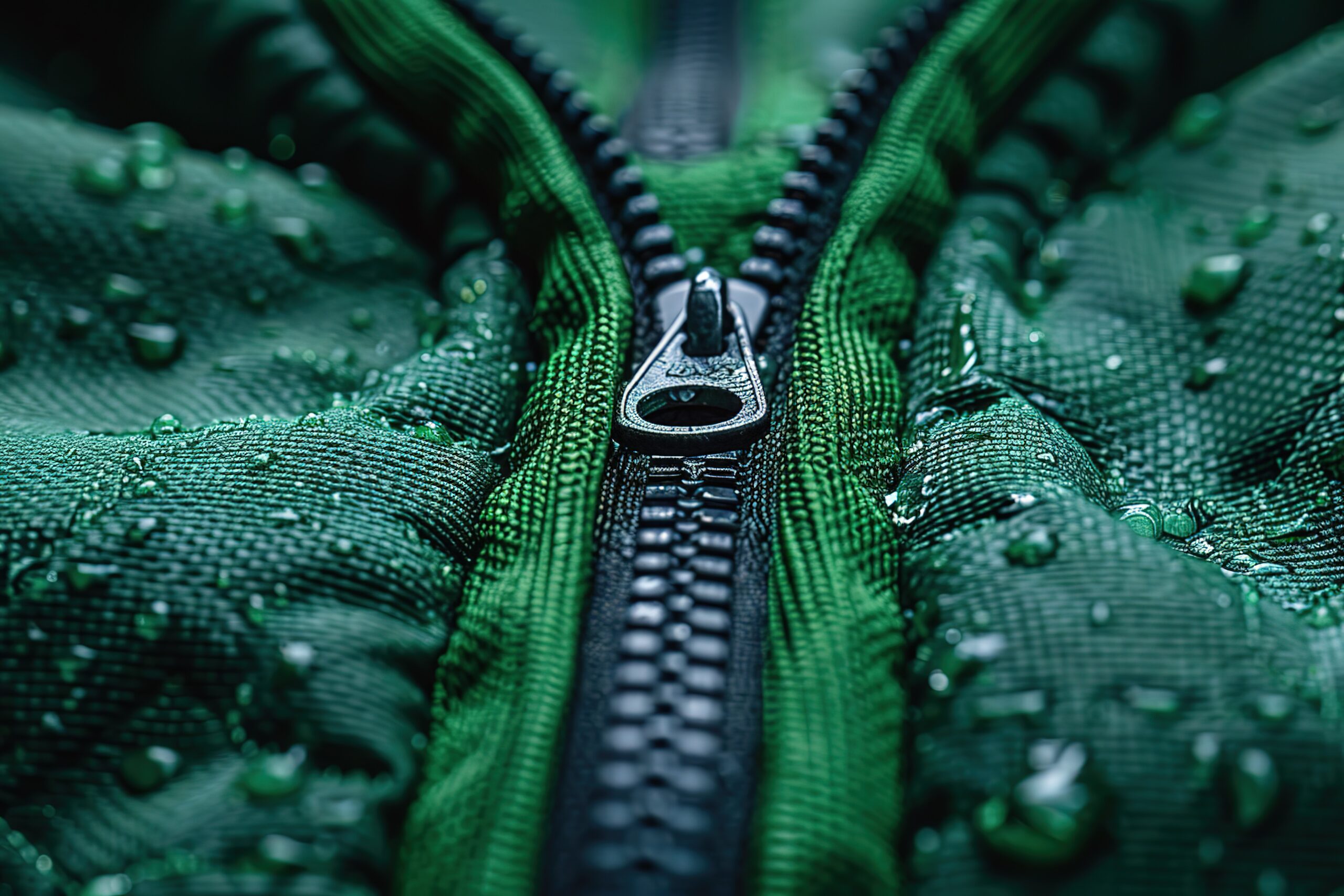 A green jacket with a zipper is wet. The water droplets on the jacket give it a fresh and clean appearance