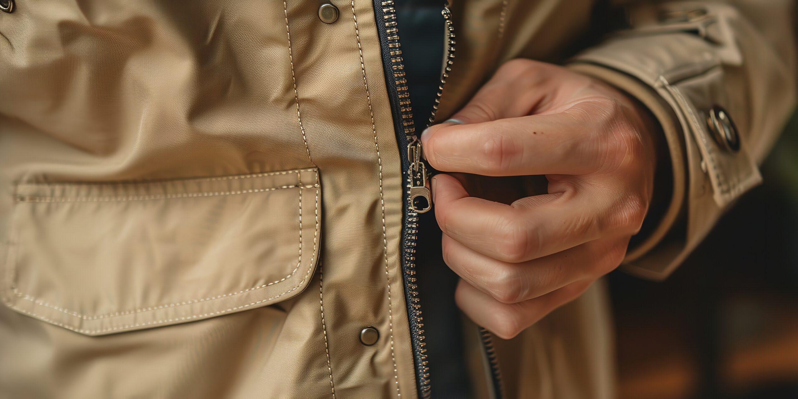 An up-close view of a hand-closing a good quality zipper on a beige garment